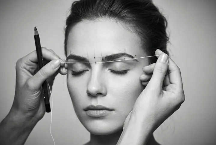 Brow artist mapping an eyebrow with string and pencil