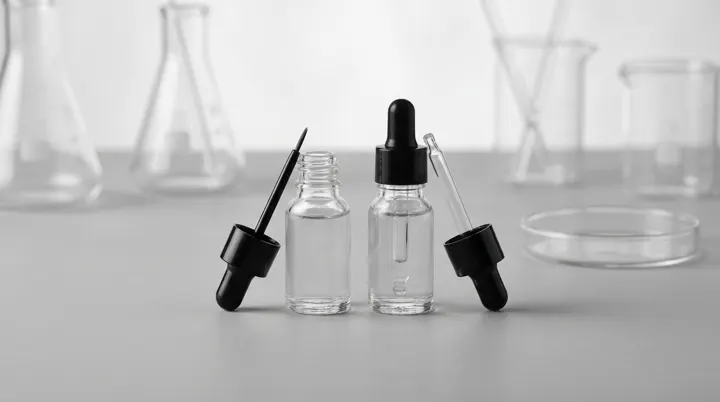 Two clear serum bottles with brush and dropper applicators beside laboratory glassware
