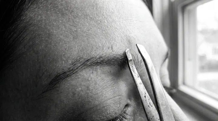 Close-up of a sparse eyebrow with a pair of tweezers