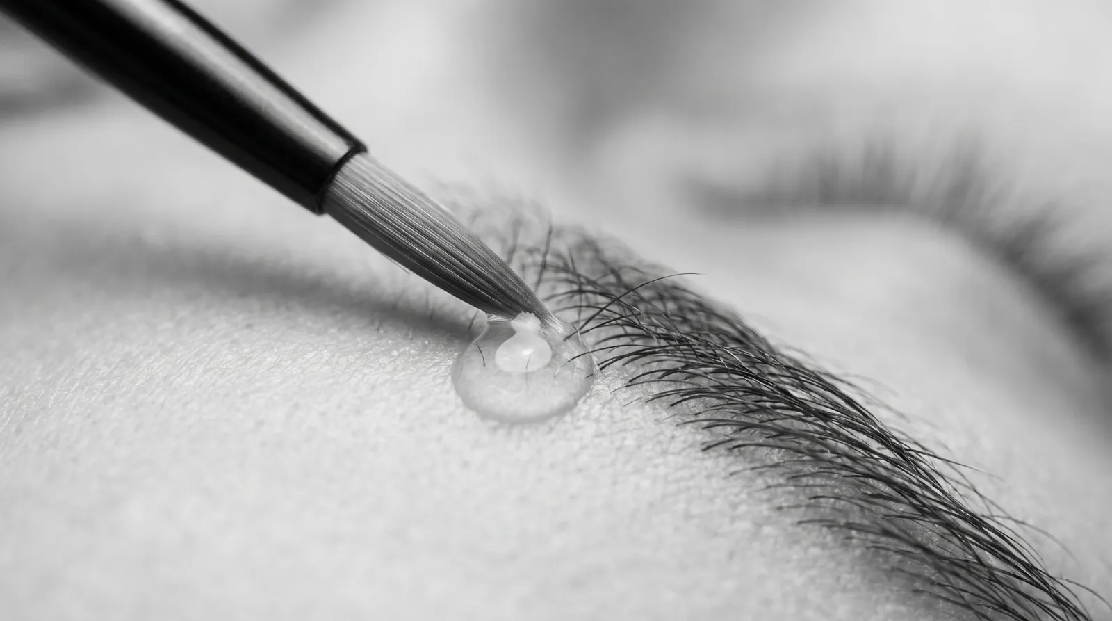 Macro photograph of a fine brush applying clear serum at the base of eyebrow hairs