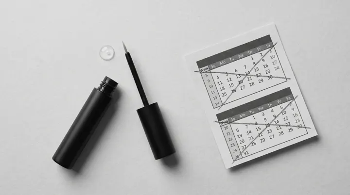 Open brow serum tube and applicator beside a calendar with weeks crossed out